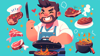 Cheerful chef grilling meats outdoors with vibrant background, showcasing culinary skills and joy