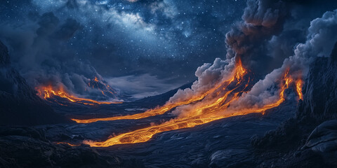 Erupting volcano at night with glowing lava rivers flowing through dark volcanic rock, while the Milky Way arches above a billowing smoke plume