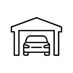 Garage icon with car parked inside, representing vehicle storage, black outline, modern design