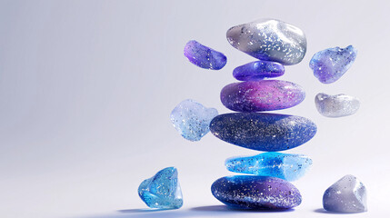 A surreal image of a stack of blue, purple, and silver rocks floating in midair, symbolizing balance and harmony.