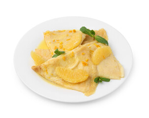 Plate with tasty crepes Suzette isolated on white