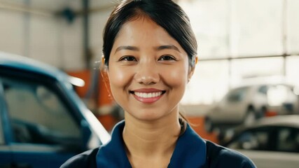 Cheerful young female Asian car repair master looking at camera. A skilled car repair expert smiles warmly at the camera, ready to work in her shop.