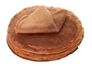 Stack of delicious chocolate crepes isolated on white