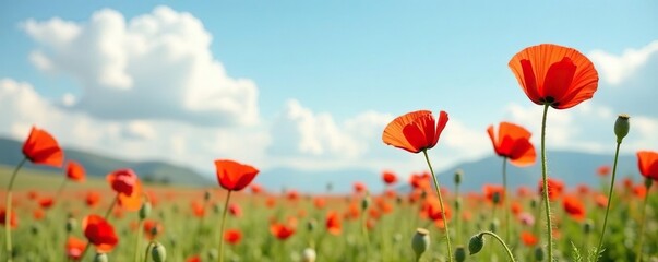Obraz premium Tall red poppy stalks swaying gently in the breeze, red poppies, tall flowers