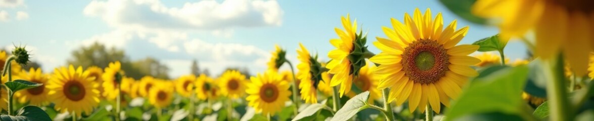 Obraz premium Tall sunflowers sway gently in the breeze with leaves, flowers, garden