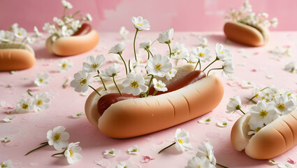 Spring creative pattern with white flowers in hot dog bun pastel pink background. 80s or 90s retro fashion aesthetic bloom concept. Minimal romantic food idea.