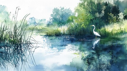 A bird is standing in the water near a lake