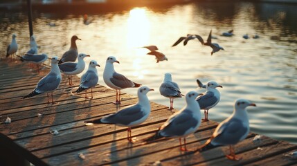 Fototapeta premium Coastal Birds Perched on Pier at Golden Hour