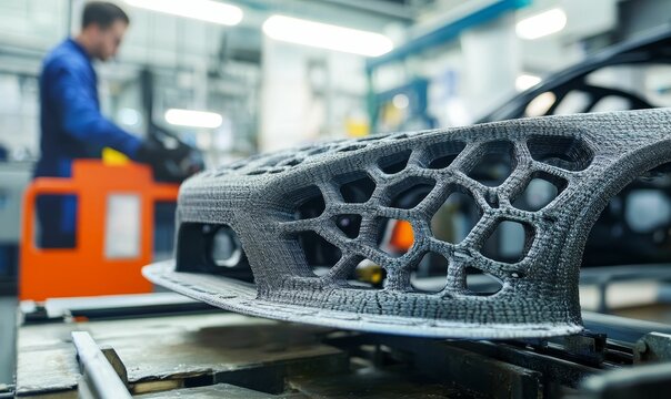 Futuristic car part being manufactured in a modern facility.