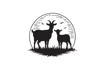 Goat and Lamb at Sunset Silhouette 
 vector