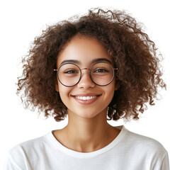 Obraz premium Portrait of a happy, smiling young female student with curly hair and glasses, looking at the camera on transparent background. Ai Generate
