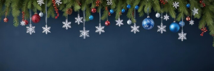 Blue background hangings Christmas ornaments with snowflakes,  festive charm,  blue background,  frozen water droplets