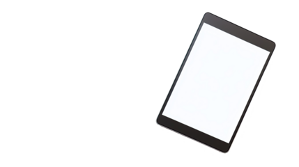 Minimalist black tablet with blank white screen isolated on a white background. PNG