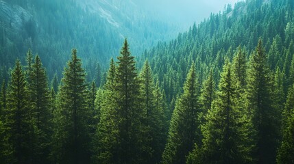 A dense forest of tall, green pine trees in the mountains