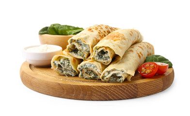 Tasty rolled crepes with cottage cheese, spinach and tomato isolated on white