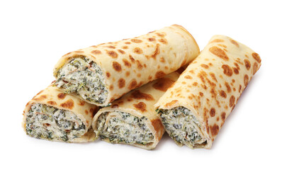 Tasty rolled crepes with cottage cheese and spinach isolated on white
