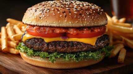 Juicy cheeseburger with fresh toppings and crispy fries on a wooden board in a cozy setting