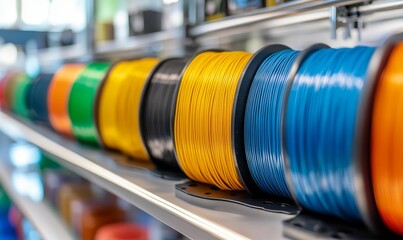 Colorful filament spools ready for 3D printing projects.