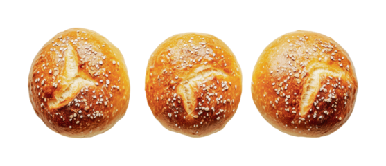 Freshly baked bread rolls with sesame seeds arranged neatly on a white background for culinary inspiration and baking ideas, cut out