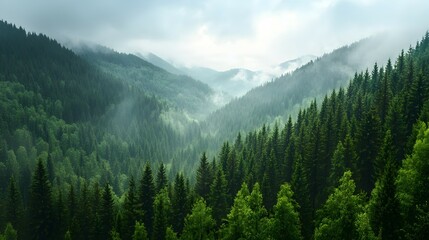 Fototapeta premium A dense forest of tall, green pine trees in the mountains