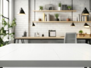 Sleek white rectangular wooden table with even lighting and blurred creative workspace background featuring shelves and desk lamps
