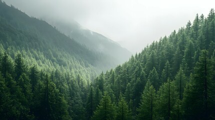 A dense forest of tall, green pine trees in the mountains