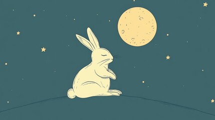 Cartoon rabbit meditating under moonlit sky with stars