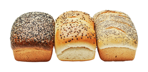 Three types of bread loaves with various toppings ready for baking and serving at a bakery or home kitchen, cut out