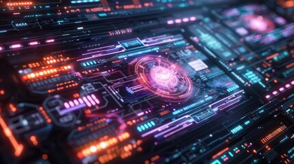 Fototapeta premium Futuristic digital interface with glowing lines and a central circular element.