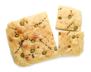 Pieces of delicious focaccia bread with olives and thyme isolated on white, top view