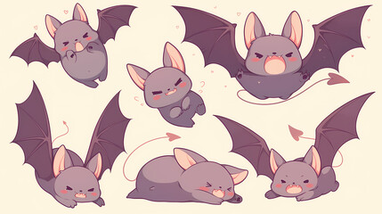 Cute cartoon bats in various playful poses with expressive faces and whimsical backgrounds