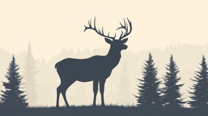 Majestic silhouette of a deer with antlers in a misty forest landscape