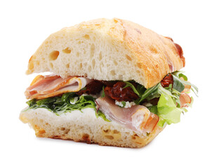 Delicious sandwich with prosciutto and sun dried tomatoes isolated on white