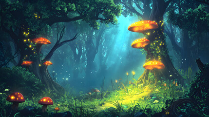 Fototapeta premium Enchanted Forest Pathway with Glowing Mushrooms