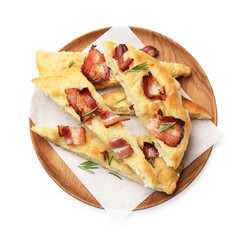 Slices of delicious focaccia bread with bacon and rosemary isolated on white, top view