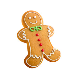 Funny gingerbread man with white patterns, green bow tie and red buttons on transparent background.
