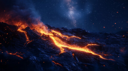 Fototapeta premium Erupting volcano at night with glowing lava rivers flowing through dark volcanic rock, while the Milky Way arches above a billowing smoke plume