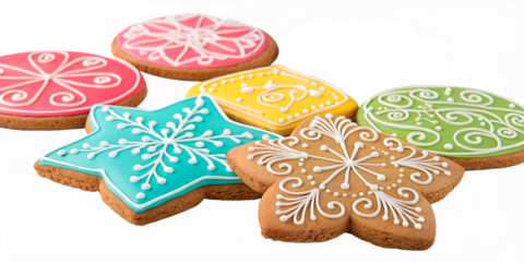Multi-colored gingerbread cookies in the shape of snowflakes, circles and squares are decorated with swirl icing. The bright colors stand out against the transparent background.