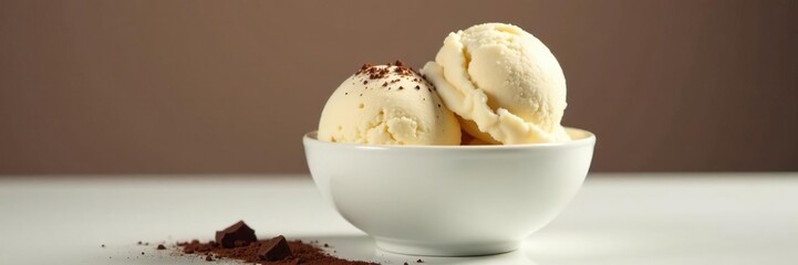 Vanilla ice cream in a minimalist white bowl with a sprinkle of chocolate powder, simple, frosting
