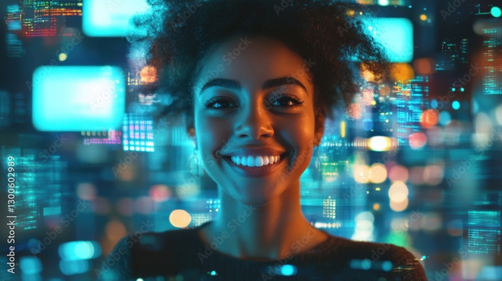 Poster young female programmer smiling confidently while surrounded by holographic computer code and stream