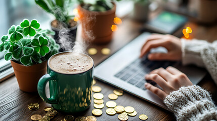 A cheerful and festive workspace with a woman’s hands on a laptop, a steaming drink in a green mug, a potted shamrock plant, and golden chocolate coins sprinkled on the desk 