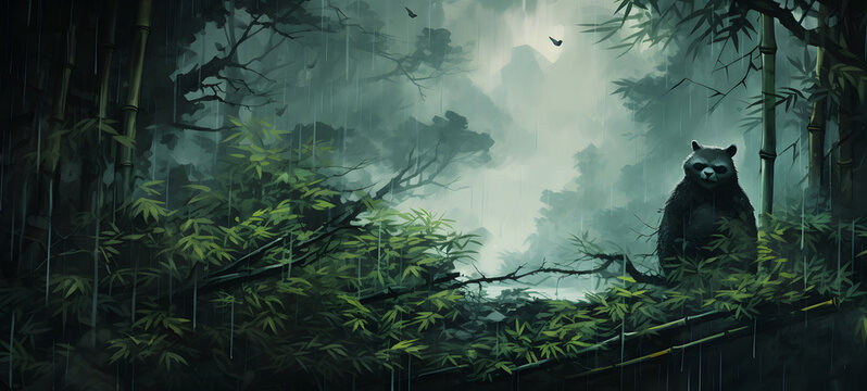 a Bomboo Tree and a monster in rain Storm