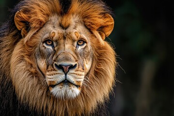Fototapeta premium a majestic lion with a thick mane, gazing directly at the viewer with an intense look