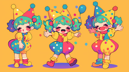 Colorful cartoon clowns celebrating joyfully with balloons and confetti in a festive atmosphere