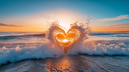 water in heart shape at the beach at sunrise