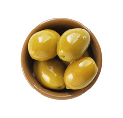 Delicious marinated green olives in bowl isolated on white, top view