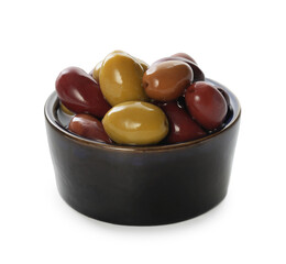 Delicious marinated olives in bowl isolated on white