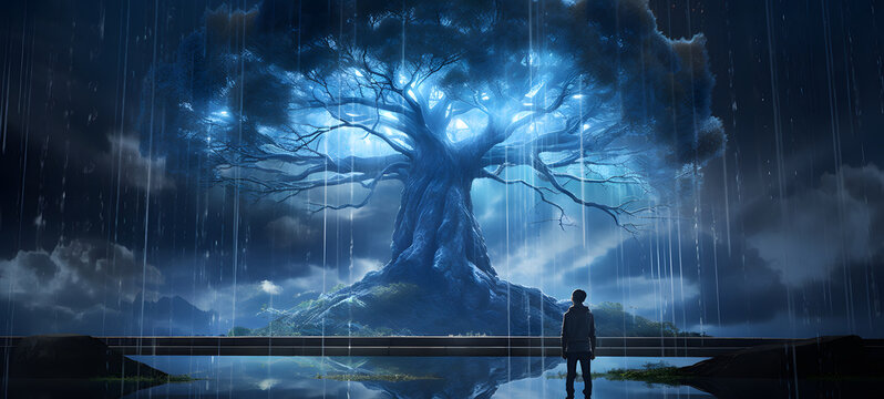 a Bomboo Tree and a monster in rain Storm