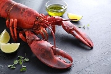 Delicious boiled lobster with lime pieces, oil and microgreens on black table, closeup