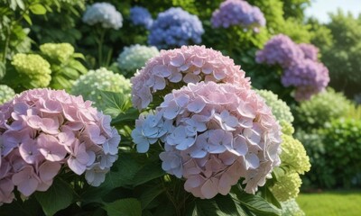 Hydrangea blooms in full color against a soft green garden background ,  garden,  spring colors,  botanicals